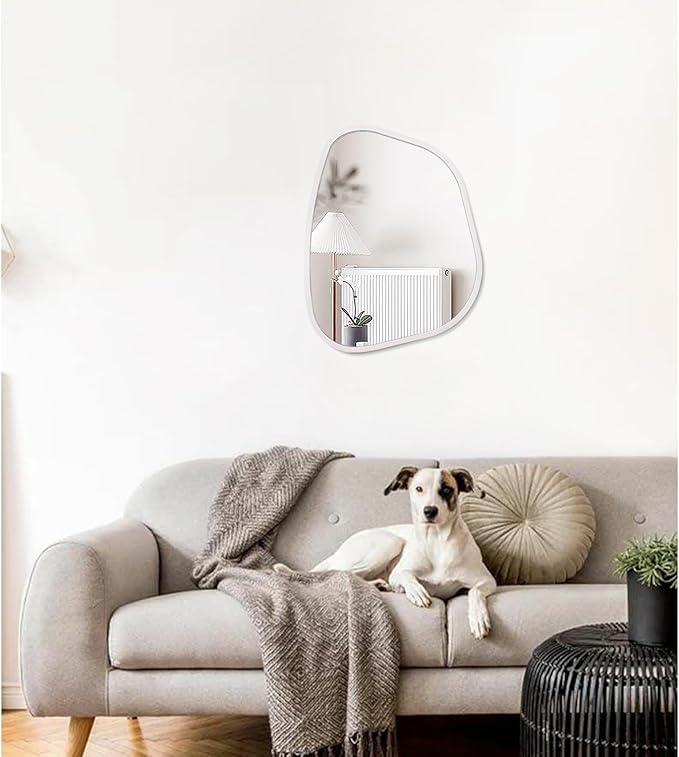 White Irregular Bathroom Mirror Modern Oval Wall Mirror Asymmetrical Wooden Framed Wall Mirror Unique Shape Wall Mounted Vanity Artistic Mirror Decor for Living Room Bedroom Entryway Small 14"x10"