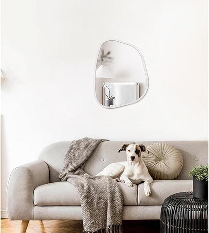 White Irregular Bathroom Mirror Modern Oval Wall Mirror Asymmetrical Wooden Framed Wall Mirror Unique Shape Wall Mounted Vanity Artistic Mirror Decor for Living Room Bedroom Entryway Small 14"x10"