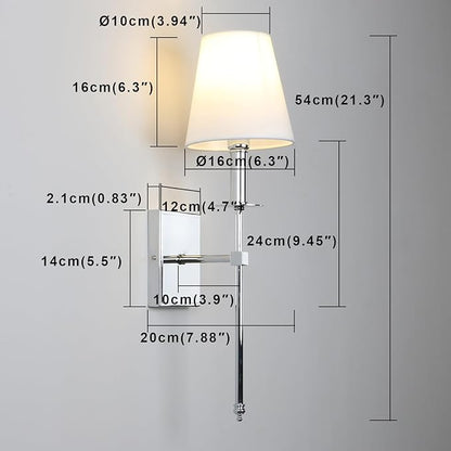 PERMO Set of 2 Classic Rustic Industrial Wall Sconce Lighting Fixture with Flared White Textile Lamp Shade and Chrome Tapered Column Stand, Hardwired, E26 Base