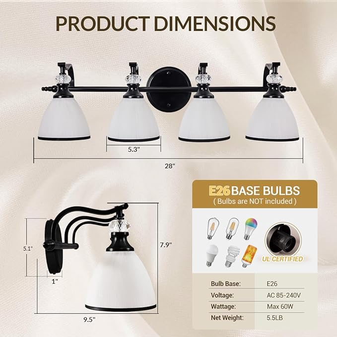 ANDY STAR Vintage Bathroom Light Fixture, 4-Light Vanity Lights, 28 inch Farmhouse Wall Sconces, Black Wall Lamp with Milky Glass, Well-Made Bathroom Lighting Fixtures Over Mirror for Living Room