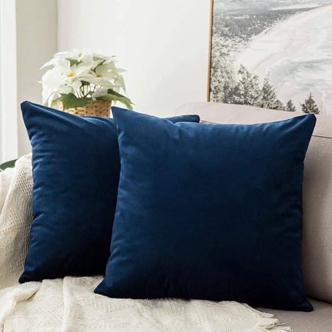MIULEE Velvet Throw Pillow Covers 14x14 Inch, Pack of 2 - Dark Blue, Soft Solid Small Decorative Pillow Covers Modern Luxury Home Decor for Couch Chair Sofa Bedroom Livingroom Car