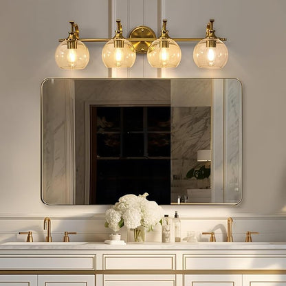 ANDY STAR Brass Vanity Light, Gold Bathroom Light Fixtures 4 Lights, 27.8 Inch Vintage Bathroom Sconces, Brushed Brass Vanity Lighting with Globe Clear Glass Shade, E26 Base (Bulbs Not Included)