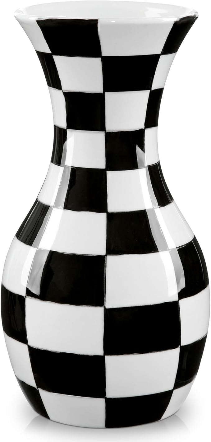 Black and White Ceramic Vase, 11" Tall Black Checkered Vase in Wide Mouth, Large Decorative Flower Vases for Decor Living Room, Table Centerpiece, Dining Room, Entryways, Wedding Decor, Porcelain Vase