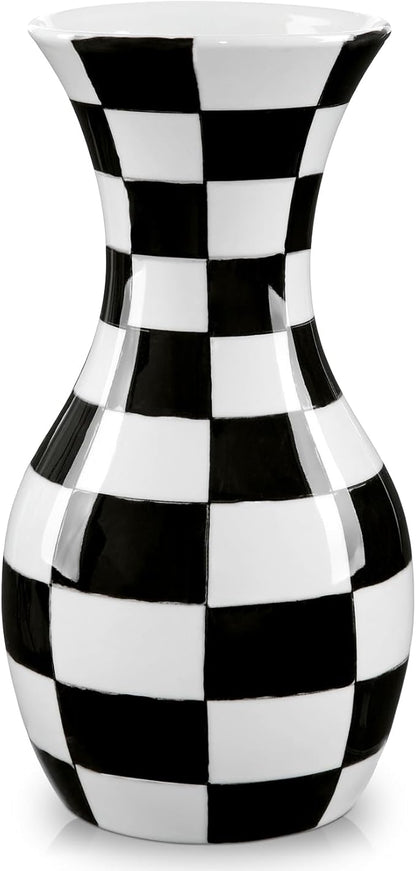 Black and White Ceramic Vase, 11" Tall Black Checkered Vase in Wide Mouth, Large Decorative Flower Vases for Decor Living Room, Table Centerpiece, Dining Room, Entryways, Wedding Decor, Porcelain Vase