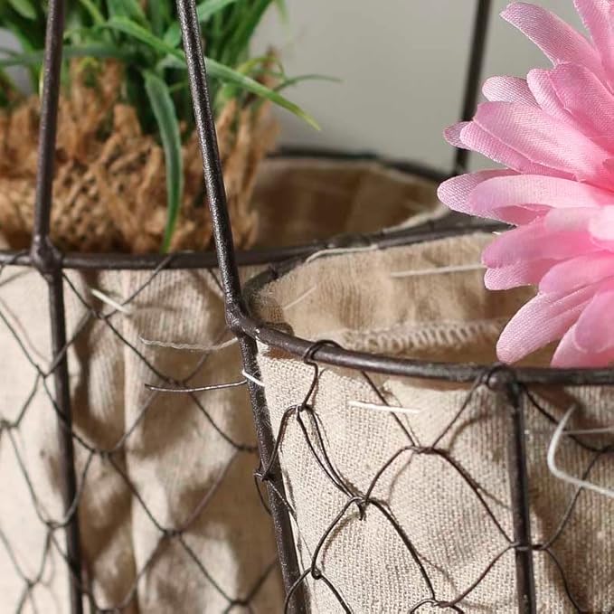 Factory Direct Craft Square Brown Chicken Wire Double Basket with Natural Linen Liner. for Cottage, Coastal or Farmhouse Style Home Decor