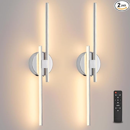 Rechargeable Battery Operated Wall Sconce Set Of Two, Chrome Wireless LED Wall Sconces With Remote Control, Dimmable 3 Colors Cordless wall lights for Living Room, bedroom, Hallway, 23.6 Inch ( 2pcs)