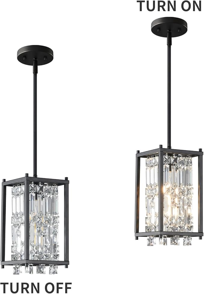 LMQNINE Modern Black Pendant Light Fixtures for Kitchen Island, Crystal Chandelier Lights Fixture, Adjustable Farmhouse Pendant Lighting for Dining Room Bedroom (Square 1-Light)