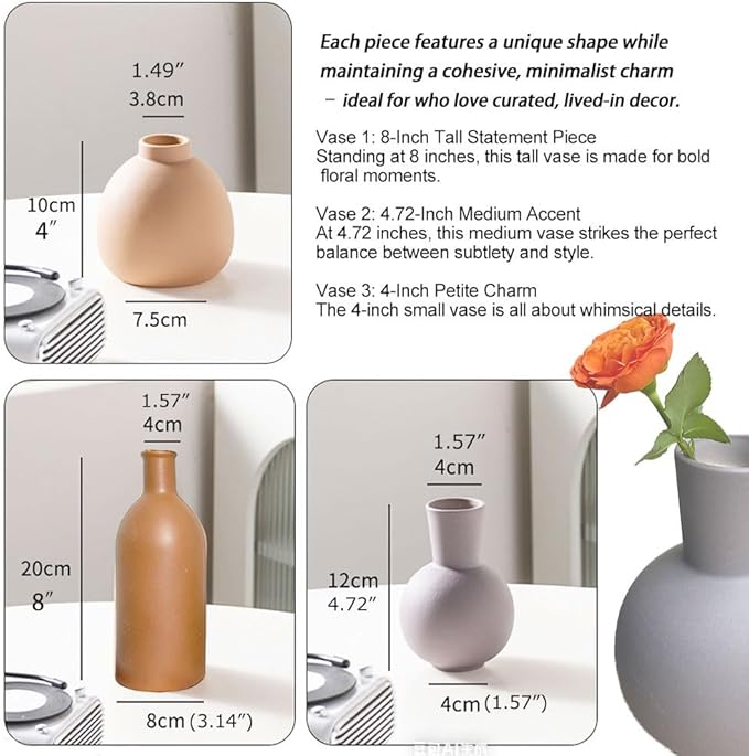 Ceramic Vase Set of 3 - Small Modern Minimalist Ceramic Bud Vases for Home Decor - Boho Aesthetic Flower Vases for Desk, Shelf & Table, Mantle, Bookshelf (Cute & Versatile) (Brown Mix)