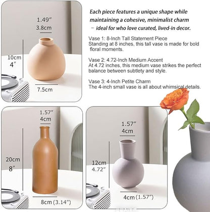 Ceramic Vase Set of 3 - Small Modern Minimalist Ceramic Bud Vases for Home Decor - Boho Aesthetic Flower Vases for Desk, Shelf & Table, Mantle, Bookshelf (Cute & Versatile) (Brown Mix)
