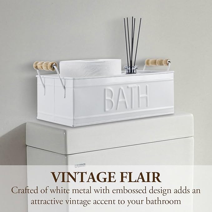 MyGift Vintage Bronze Metal Rectangular Storage Basket with Wooden Handles, Bathroom Toiletries Holder, Organizer Bin with Embossed Bath Label - Handcrafted in India (White)
