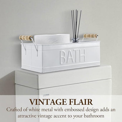 MyGift Vintage Bronze Metal Rectangular Storage Basket with Wooden Handles, Bathroom Toiletries Holder, Organizer Bin with Embossed Bath Label - Handcrafted in India (White)