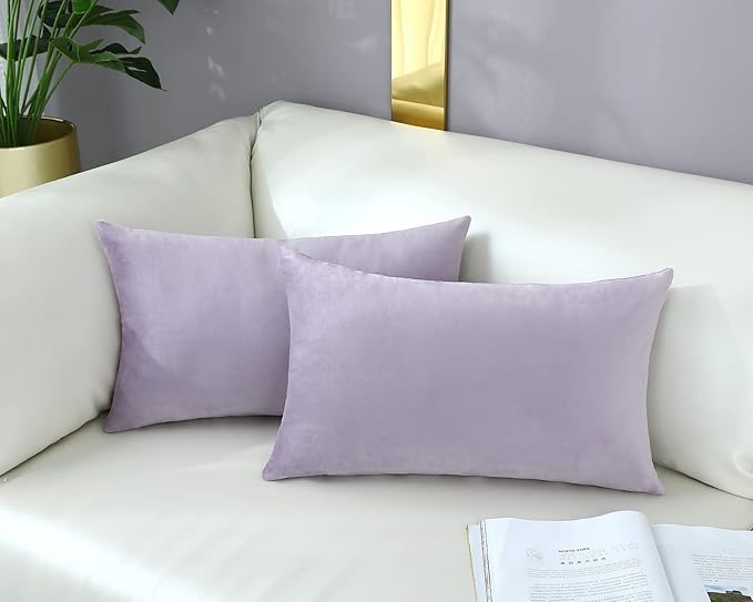 mixeoo Comfy Lavender Throw Pillow Covers Decorative Lumbar Solid Rectangle Thick Velvet Super Soft Cushion Cases Home Decor for Sofa Couch Living Room Chair, Set of 2, 12 x 20 Inch