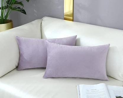 mixeoo Comfy Lavender Throw Pillow Covers Decorative Lumbar Solid Rectangle Thick Velvet Super Soft Cushion Cases Home Decor for Sofa Couch Living Room Chair, Set of 2, 12 x 20 Inch