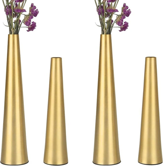 Vixdonos 10.5/8.5 inch Gold Metal Vase Small Dried Flower Vase Set of 4 Taper Vase for Wedding Table Centerpiece Decorations, Home Decor