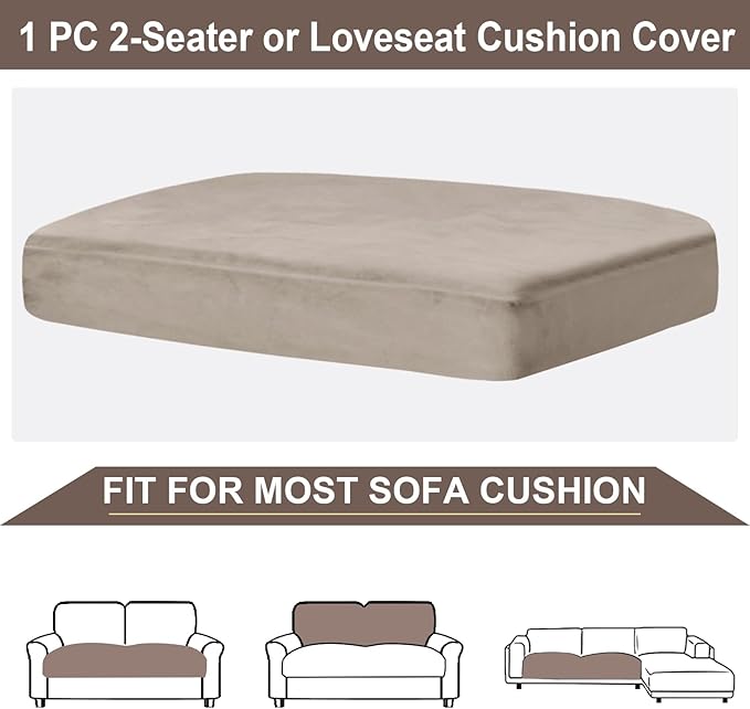 NAISI Couch Cushion Covers 1 Piece Velvet Stretch Loveseat Cover or 2 Seat Sofa Cover Soft Individual Couch Covers for Sectional Sofa(1 PC for 2-Seat Cushion or Loveseat,Taupe)