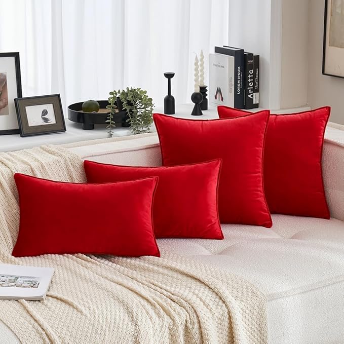 MIULEE Pack of 2 Christmas Bright Red Decorative Velvet Throw Pillow Covers Soft Pillowcases Solid Square Cushion Case for Winter Sofa Bedroom Car 18x18 Inch