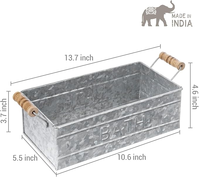 MyGift Vintage Bronze Metal Rectangular Storage Basket with Wooden Handles, Bathroom Toiletries Holder, Organizer Bin with Embossed Bath Label - Handcrafted in India (Silver)