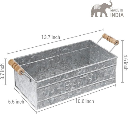 MyGift Vintage Bronze Metal Rectangular Storage Basket with Wooden Handles, Bathroom Toiletries Holder, Organizer Bin with Embossed Bath Label - Handcrafted in India (Silver)
