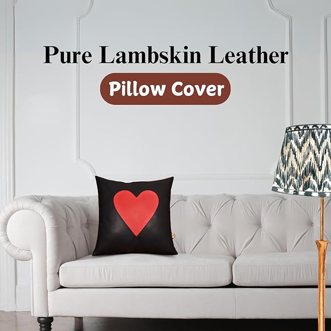 Genuine Lambskin Leather Pillow Cover, 14x14 Inch Case for Lumbar Throw Couch Pillows, Thick & Soft Cushion Covers for Sofa Bed Home Décor (Red Heart & Black Plain Pack of 1)