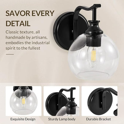 ANDY STAR 1-Light Bathroom Light Fixtures, Black Wall Sconces, Bathroom Vanity Light with Clear Glass Shade, Modern Wall Light Fixtures for Bath Mirror Hallway Bedroom Living Room, Hardwired, E26 Base