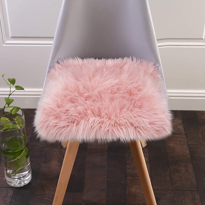 Softlife Pink Faux Fur Sheepskin Chair Cover 2 PCs Seat Cushion Pad Super Soft Area Rugs for Living Bedroom Sofa Dorm (1.6ft x 1.6ft)