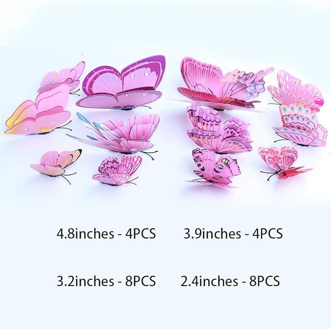 Somotersea 24pc 3D Butterfly Wall Decor - Removable Butterfly Decals for Girls Room & Birthday Parties - Pink