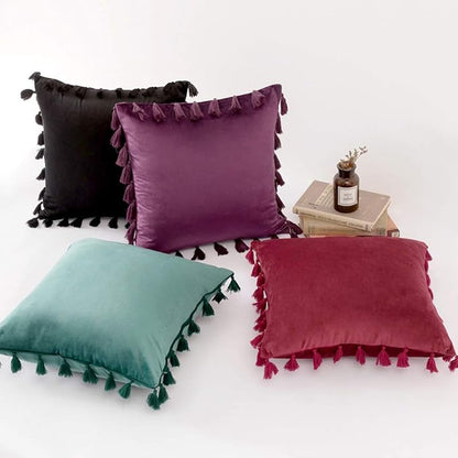 vctops Velvet Soft Solid Decorative Throw Pillow Cover with Tassels Boho Accent Cushion Case for Couch Bedroom Car Dark Purple 18''x18''