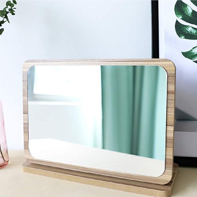 Aestivate Rectangle Compact Table Mirror Standing Wood Framed Mirror Desktop Mirror 90 Degree Rotating Mirror for Makeup Cosmetic (Vertical Rectangle)