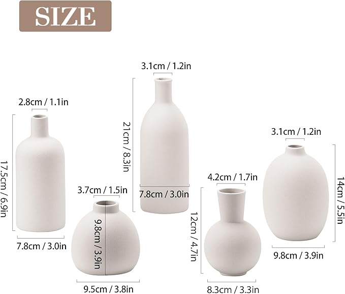White Ceramic Flower Vase Set of 5, Modern Farmhouse Decorative Vases for Bookshelf, Dining Room Coffee Console Table Centerpieces