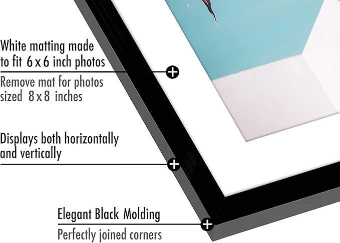 Americanflat 8x8 Picture Frame with Shatter-Resistant Glass - Set of 2 - Use as 6x6 Frame with Mat or Display 8x8 Photo Without Mat - Streamline Collection - Square Frames for Tabletop or Wall - Black