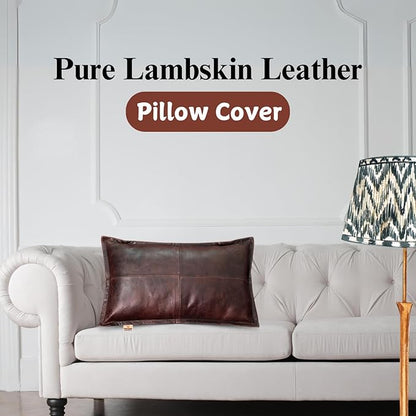 100% Lambskin Leather Pillow Cover - Sofa Cushion Case - Decorative Throw Covers for Living Room & Bedroom, 14x22 Inch - Dark Brown Crunch Box Pack of 1
