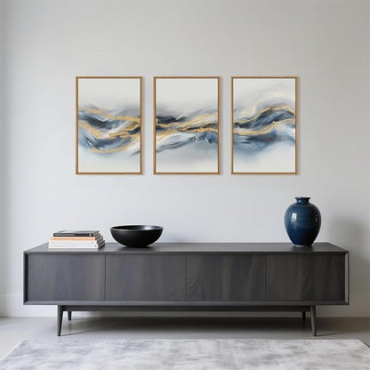 Large Abstract Navy Blue Gold Framed Canvas Wall Art,Watercolor Brush Stroke Wall Decor,Neutral Geometric Wave Artwork,Modern Minimalist Shape Art Print for Living Room,Bedroom,Office-16"x24"x3