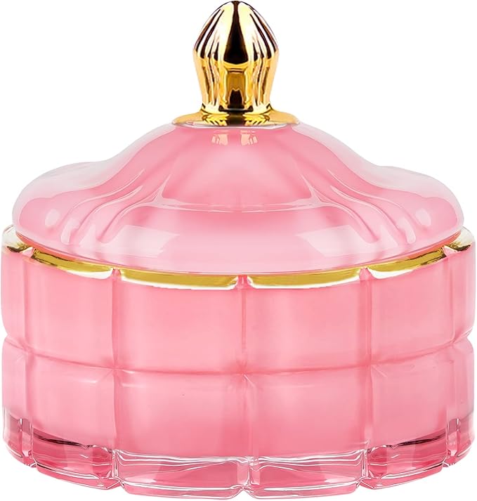 Glass Candy Dish Decorative Bowl, Apothecary Jars with Lids Bathroom Glass Jars for Cotton Ball or Cotton Swab Jewelry Storage Boxes with Lids, Crystal Pink Gifts for Women