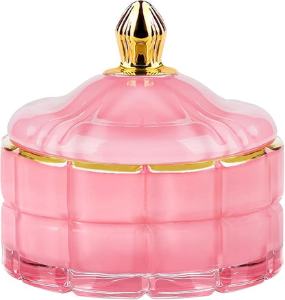 Glass Candy Dish Decorative Bowl, Apothecary Jars with Lids Bathroom Glass Jars for Cotton Ball or Cotton Swab Jewelry Storage Boxes with Lids, Crystal Pink Gifts for Women