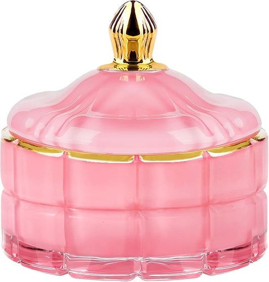 Glass Candy Dish Decorative Bowl, Apothecary Jars with Lids Bathroom Glass Jars for Cotton Ball or Cotton Swab Jewelry Storage Boxes with Lids, Crystal Pink Gifts for Women