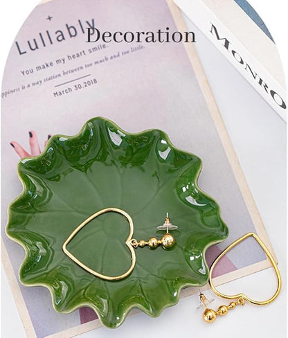 Ceramic Jewelry Tray, Decorative Trinket Dish for Rings Earrings Necklaces Bracelet Watch Keys, Birthday Mother's Day Christmas Thanksgiving Gift for Women, 4.7", Green Lotus Leaves