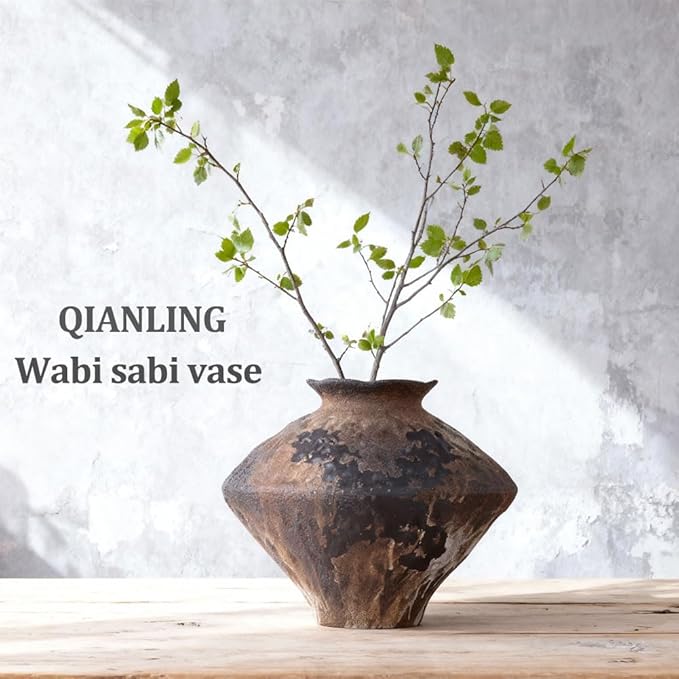 Wabi Sabi Rusty Vintage Vase, 11.4" Tall Wabi Sabi Decor Rustic Farmhouse Pottery Vase for Centerpiece, Textured Pottery Flower Vases for Home Decorative, Table, Living Room (Black Brown, Large)