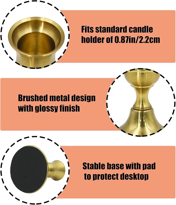 2 Pcs Gold Taper Candle Holders 2.8 Inch Vintage Short Skinny Metal Candlestick Holders for Table Centerpieces