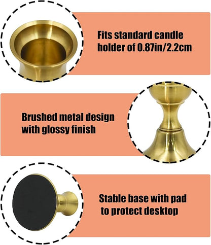2 Pcs Gold Taper Candle Holders 2.8 Inch Vintage Short Skinny Metal Candlestick Holders for Table Centerpieces