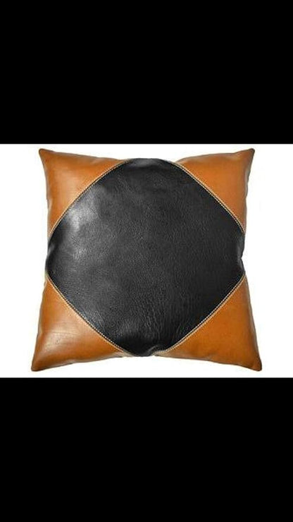 D DOLLY LAMB Lambskin Leather Pillow Cover - Sofa Cushion Case - Decorative Throw Covers for Living Room & Bedroom, 16x16 Inches - Camel Black Pack of 2