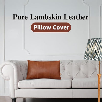 Genuine Lambskin Leather Pillow Cover, 22x30 Inch Case for Lumbar Throw Couch Pillows, Thick & Soft Cushion Covers for Sofa Bed Home Decor (Cognac Brown Plain Pack of 1)