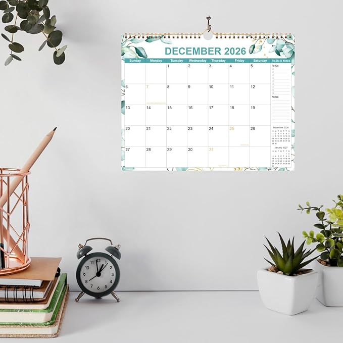 2026 Calendar - Calendar 2026 from January 2026 - December 2026, 12 Months Calendar with Premium Paper, Twin-Wire Binding & Hanging Hook, 12" x 14.5", Green Leaf