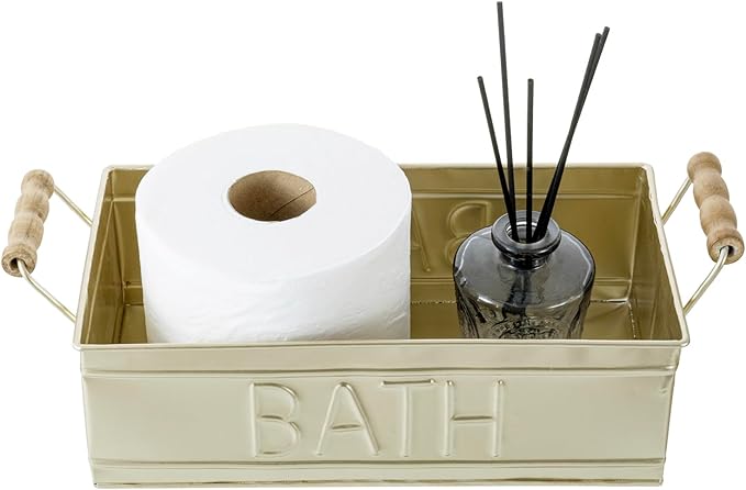 MyGift Vintage Bronze Metal Rectangular Storage Basket with Wooden Handles, Bathroom Toiletries Holder, Organizer Bin with Embossed Bath Label - Handcrafted in India (Brass)