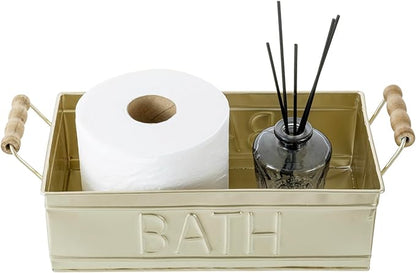 MyGift Vintage Bronze Metal Rectangular Storage Basket with Wooden Handles, Bathroom Toiletries Holder, Organizer Bin with Embossed Bath Label - Handcrafted in India (Brass)