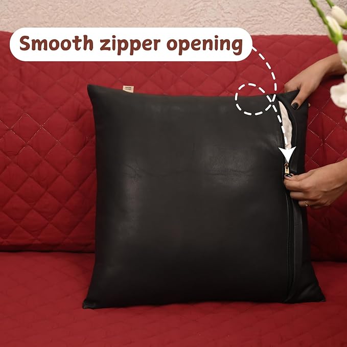Lambskin Leather Pillow Cover - Sofa Cushion Case - Decorative Throw Covers for Living Room & Bedroom, 18x18 Inches - Black (02) Pack of 2