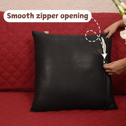 Lambskin Leather Pillow Cover - Sofa Cushion Case - Decorative Throw Covers for Living Room & Bedroom, 22x22 Inches - Black (02) Pack of 2
