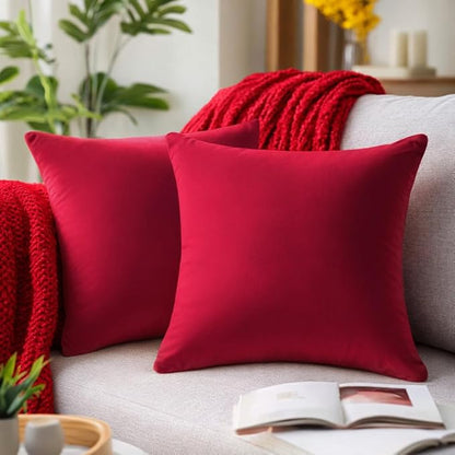 QUORGVES Red Velvet Pillow Covers 18x18 Inch Set of 2, Soft Solid Decorative Square Throw Pillow Covers, Decor Cushion Covers for Bed Sofa Couch Bedroom Living Room