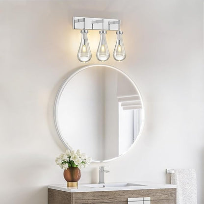 Raindrop Wall Sconces Chrome Crystal Sconces Wall Decor Modern Lighting Glass Bathroom Sconces Indoor Vanity Light Wall Lamp for Bedroom Living Room Stair(3-Light)