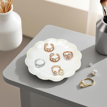 Ceramic Jewelry Dish, Decorative Tray for Rings Earrings Necklaces Bracelet Watch Keys, 4.50" Trinket Tray as Gifts for Women (White Flower)