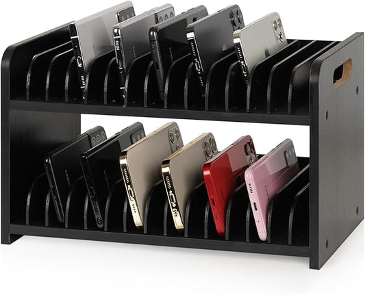Cell Phone Storage Classroom Cell Phone Holder Adjustable Wooden Multiple Rack Caddy Organizer Box for Classroom Office Desktop with 1-30 Number Stickers (30-Grid) (Black)